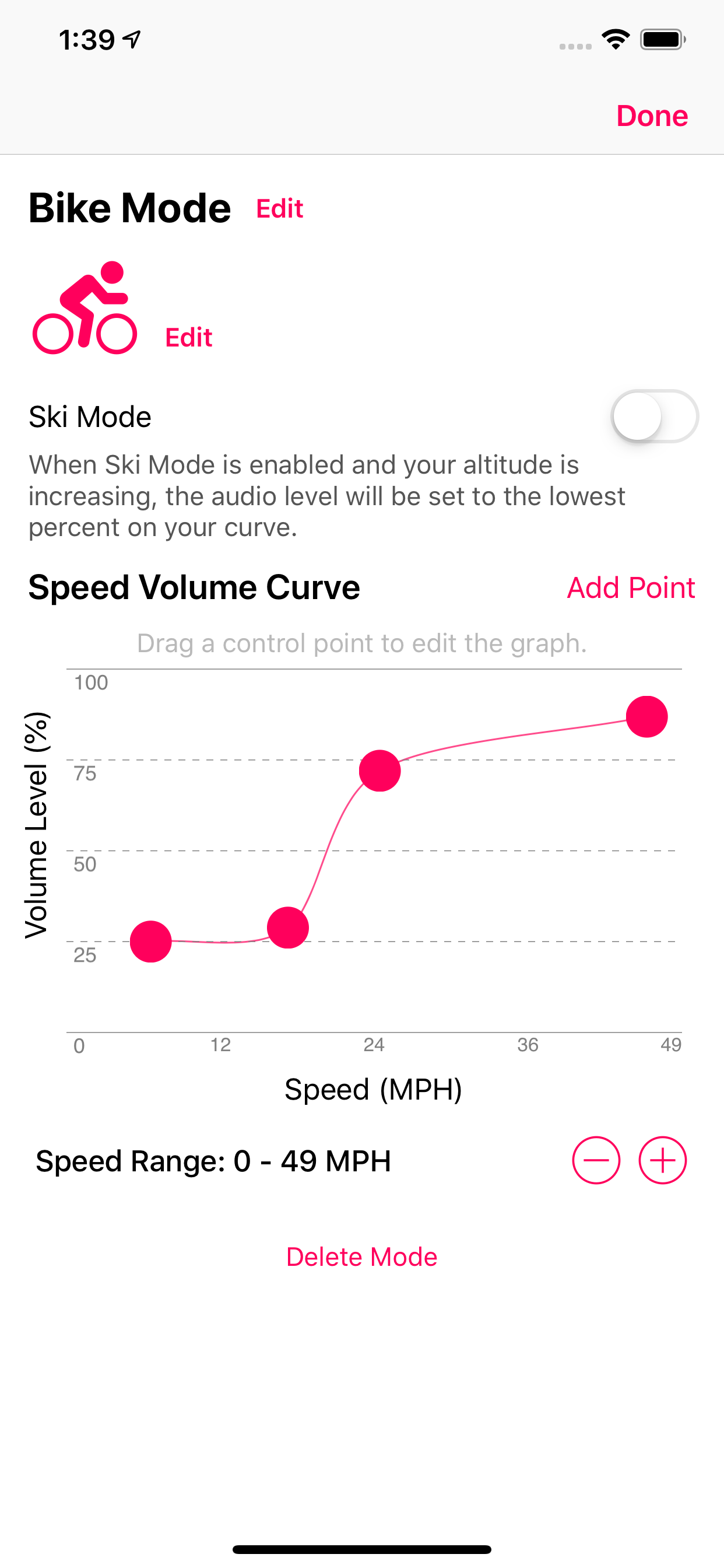 The Tempo iPhone app is open and showing the mode editor. This allows users to define custom adaptive audio profiles.